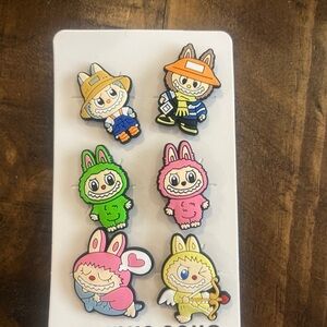 Labubu Character Croc Shoe Charms Set — Green, Pink, Yellow, Orange